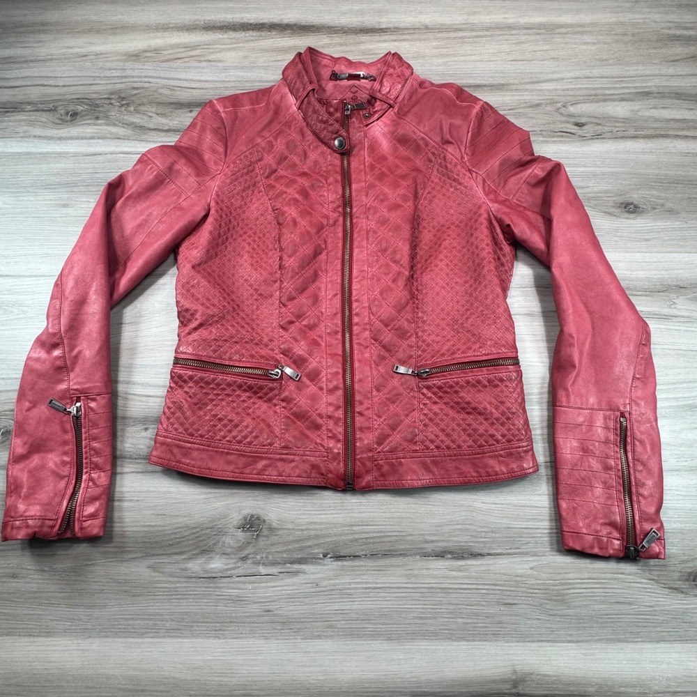 Jou Jou Women Quilted Faux Leather Moto Jacket Red Size M